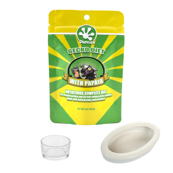Pangea Papaya Complete Gecko Diet 56g, Small Reptile Feeding Dish Bowl, White Ceramic Reptile Food Bowl NFF-49 - COMBO