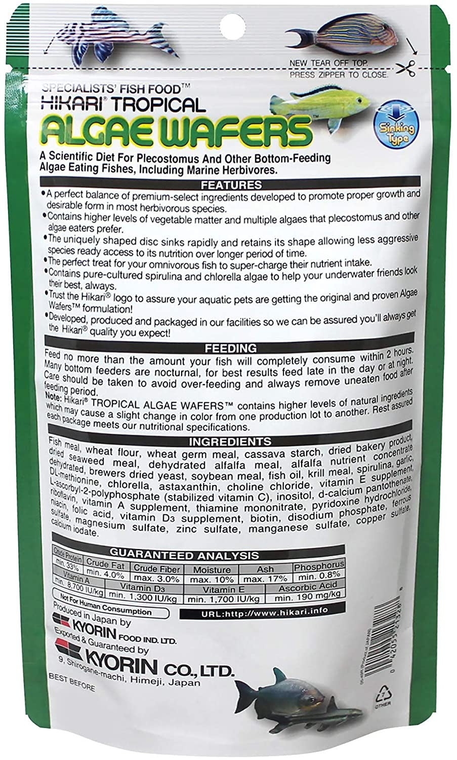 Hikari Tropical ALGAE WAFERS Scientific Diet For Plecostomus And Other Algae Eating Fishes, Including Marine Herbivores